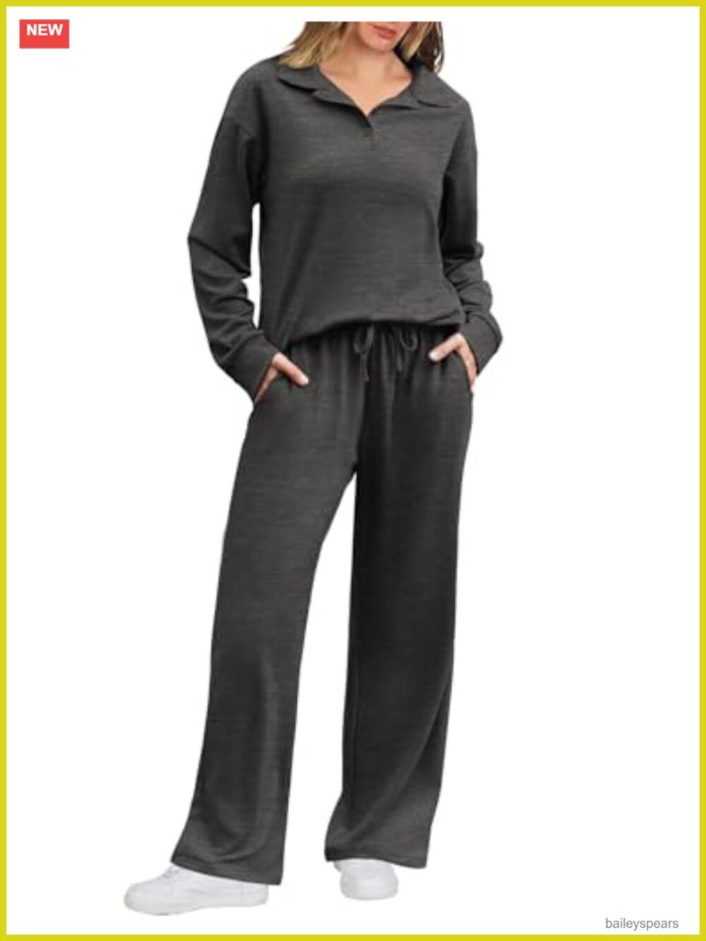 Ekouaer Women's 2 Piece Lounge Set Long Sleeve Button V-Neck Top & Drawstring